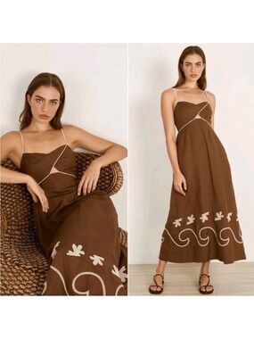 Mon Renn Fresco Embroidered Linen Blend Midi Dress
